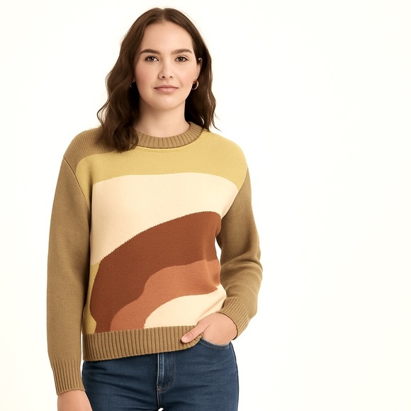 LUSH Colorblock Chunky Knit Sweater | Size Small | Retro Earth Tones - Picture 1 of 12